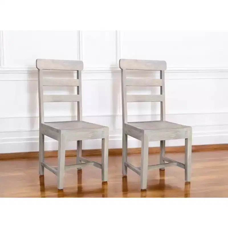 Set of Two White Wood Ladder Back Dining Side Chairs