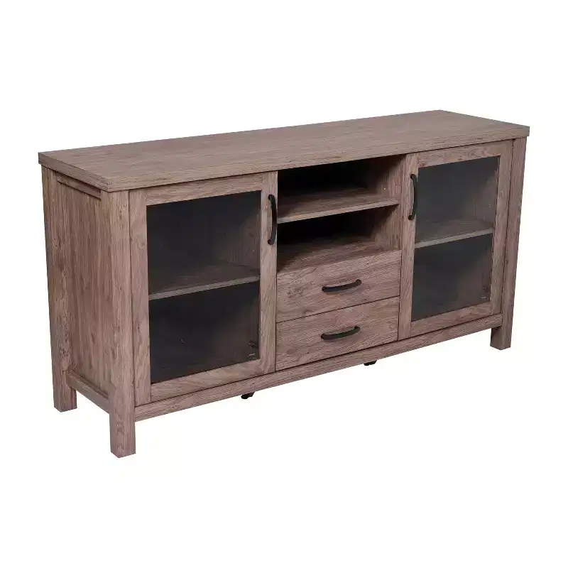 Engineered Wood Buffet Sideboard with Tempered Glass Doors, 2 Drawers & Open Shelf