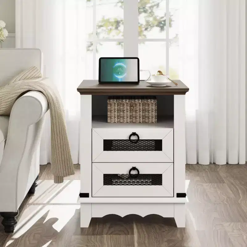 Farmhouse Nightstand with Charging Station, Drawers & Open Cubby Storage, Bedside Table