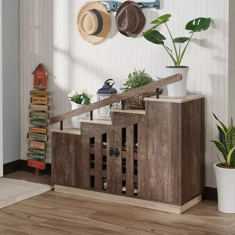 Shoe Storage Cabinet Reclaimed Oak - Metal Frame, Adjustable Shelves, Holds 12 Pairs