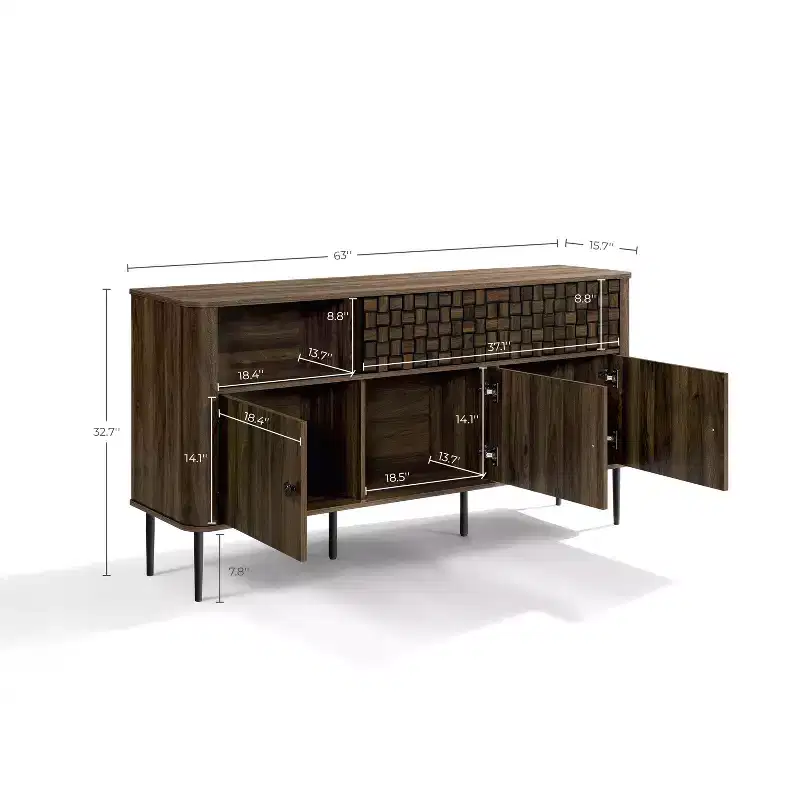 Dark Oak Manufactured Wood Sideboard Cabinet with Basket Weave, 3-Door and 2-Sliding Door