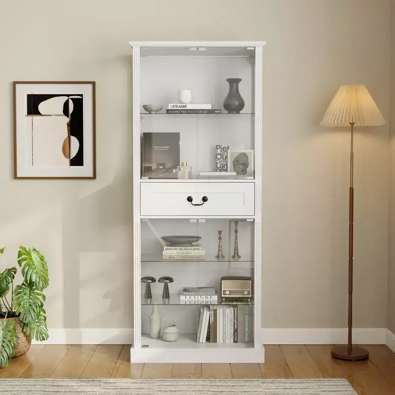 Freestanding Glass Display Bookcase, 7-Color RGB Lighting, Clear Glass Doors & Shelves, Tall Storage Cabinet with Drawer