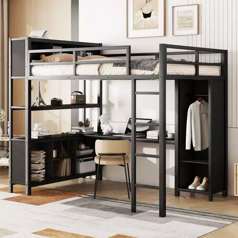 Full Size Loft Bed with Wardrobe & L-Shaped Desk,Heavy Duty Metal Bunk Beds with Storage Shelves,Modern Loft Beds for Teens & Adults