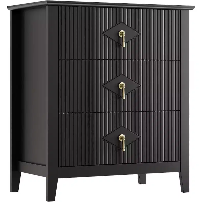 3-Drawer Modern Dresser with Fluted Panels and Gold Metal Handles