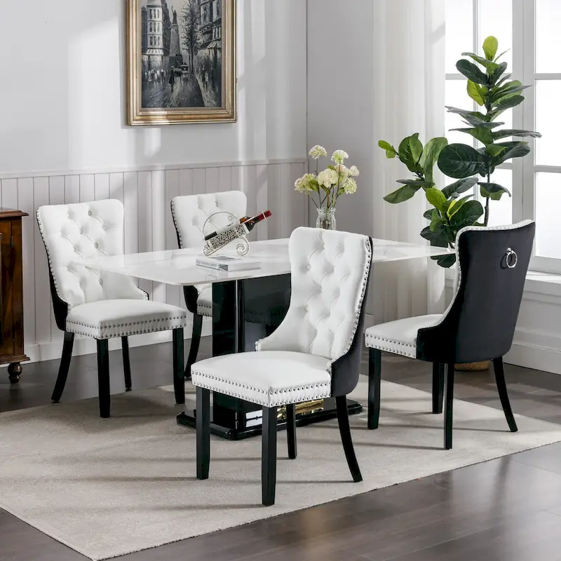High Back Dining Chairs Set of 2, Upholstered PU Leather Kitchen Chairs Side Chair with Rear Handle Wood Legs