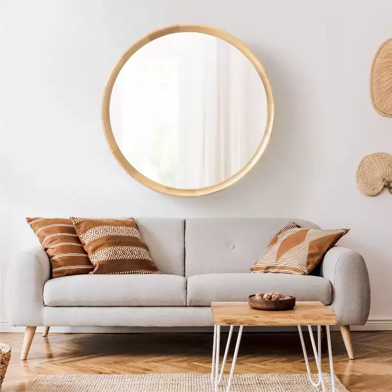 Round Wood Wall Mirror with Decorative Frame, Hanging Mirror for Home Decor