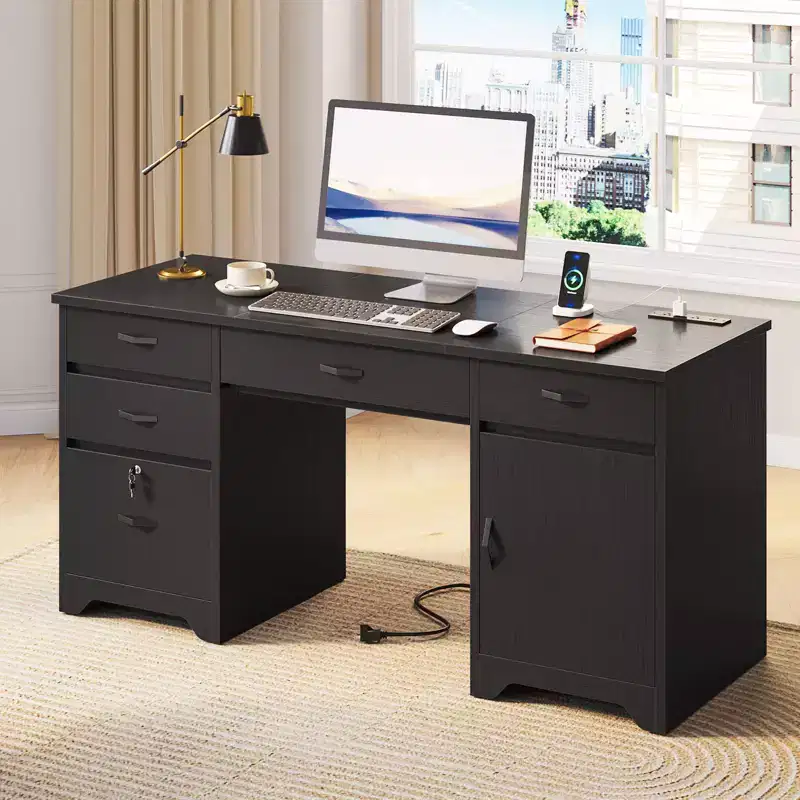 Bestier 59'' Office Desk with Charging station& Keyboard Tray, Modern Executive Computer Desk with File Drawers & Cabinets for Study & Bedroom