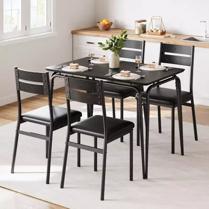 Dining Table Set for 4 with Rectangular Wood Top and Cushioned Chairs, 5 Piece Kitchen & Dining Room Sets for Small Space, Apartment