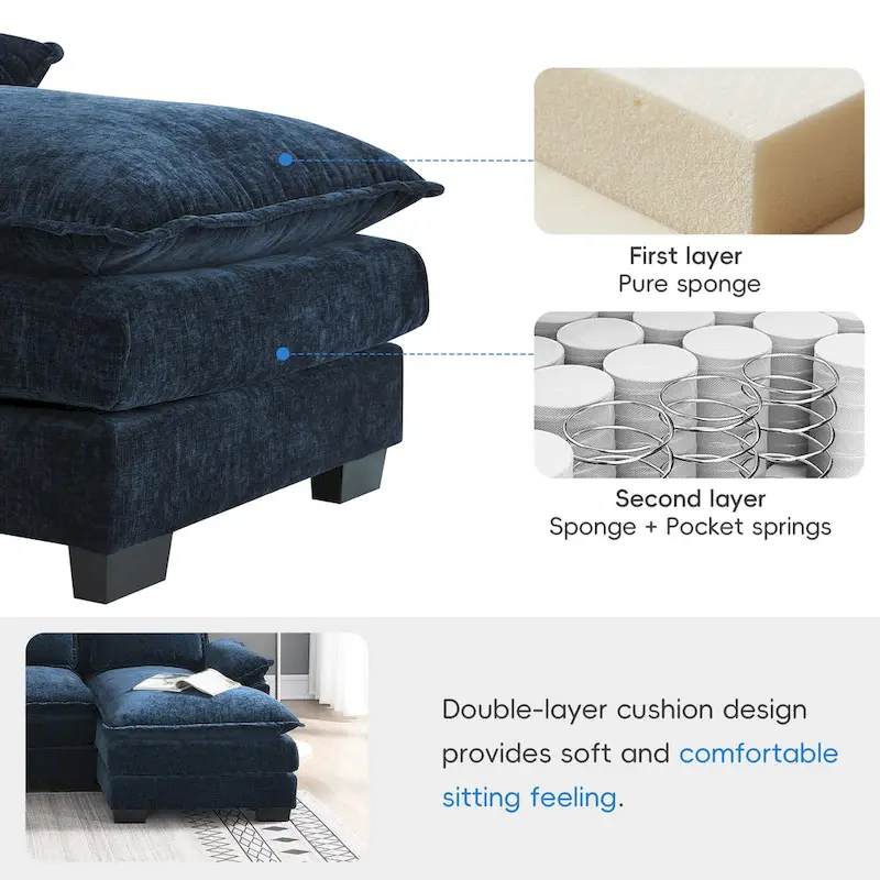 Blue Chenille 6-Seat Modular U-Shaped Sleeper Sectional Sofa with Chaise