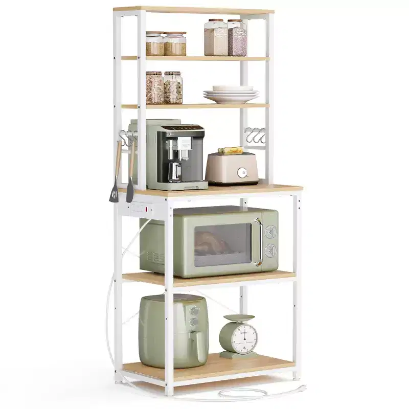 Bakers Rack with Power Outlet, 65.7 Inch Coffee Bar Shelf with Adjustable Shelf & 6 Hooks, Microwave Stand for Kitchen