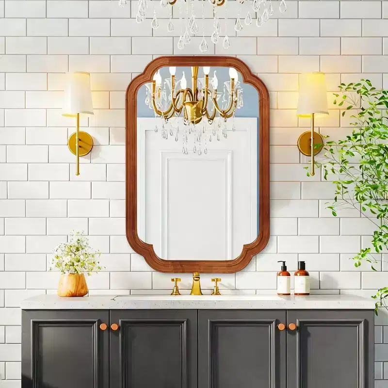 PexFix 24 x 36 Rounded Corner Solid Wood Frame Decorative Mirror Modern Farmhouse Wall Mirror For Bedroom Bathroom Living Room Entryway Brown