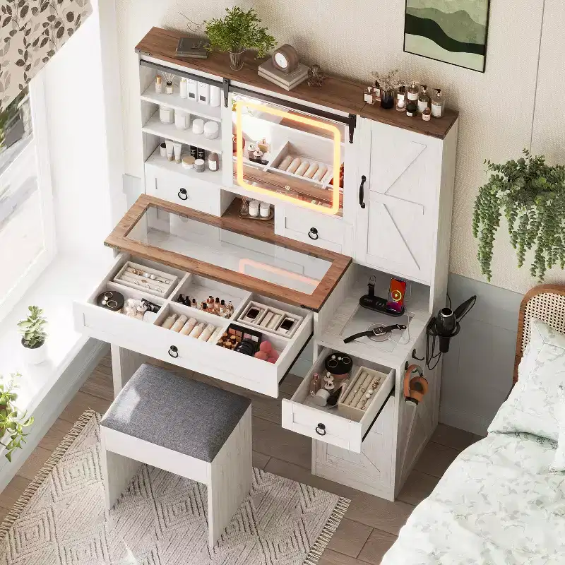 Farmhouse Makeup Vanity Desk with Sliding LED Mirror, 4 Drawers and 2 Cabinets, Charging Station, Glass Top, and Side Cabinet for Bedroom