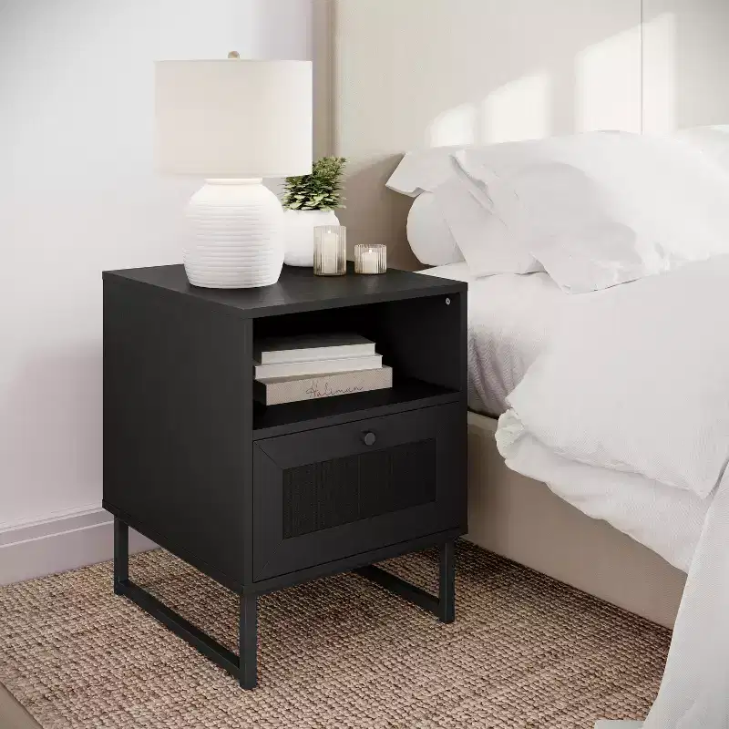 Black / Natural Mid-Century Nightstand with Rattan Drawer & Open Shelf