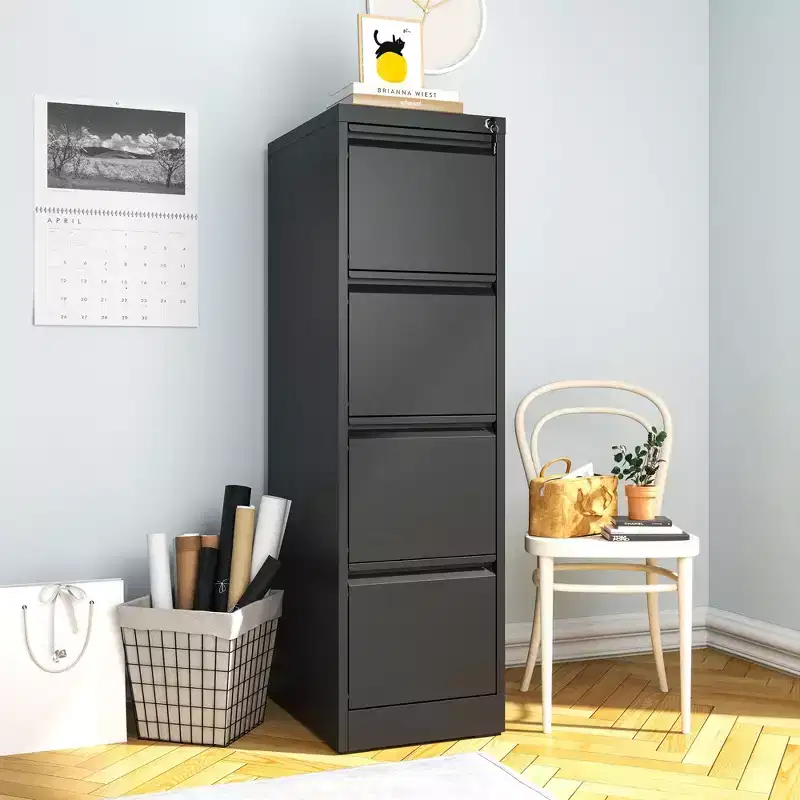 VIYET 52H 4-Drawer Black Metal Vertical File Cabinet with Lock, Steel Filing Cabinet for Home Office, Fits A4/Legal/Letter