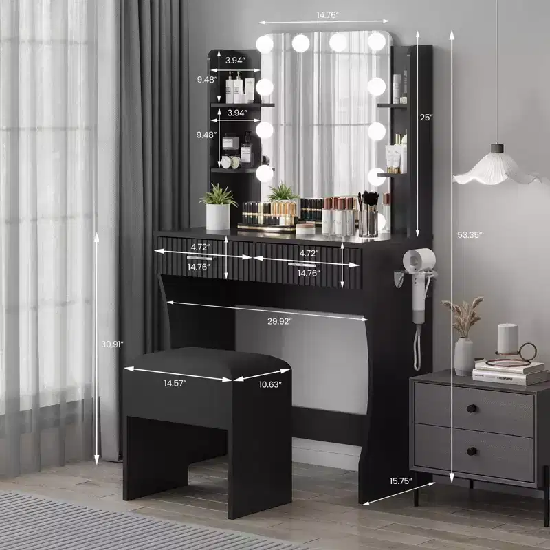 Makeup Vanity Desk with Mirror and Lights, Vanity Table with 2 Drawers, 6 Shelves, Hair Dryer Holder & Stool,Dressing Table Furniture for Bedroom