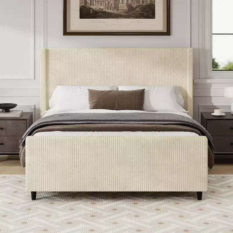 Corduroy Upholstered Bed Frame with Wingback Headboard, Cream