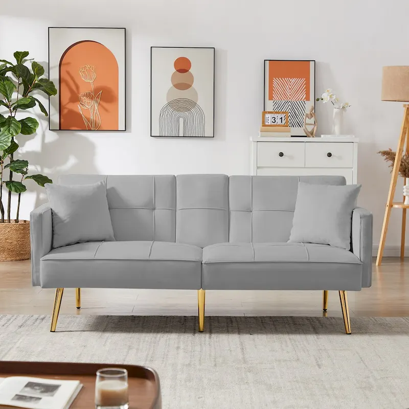 Velvet Futon Sofa Bed with Gold Metal Legs for Living Room, Entryway, Hallway, Office
