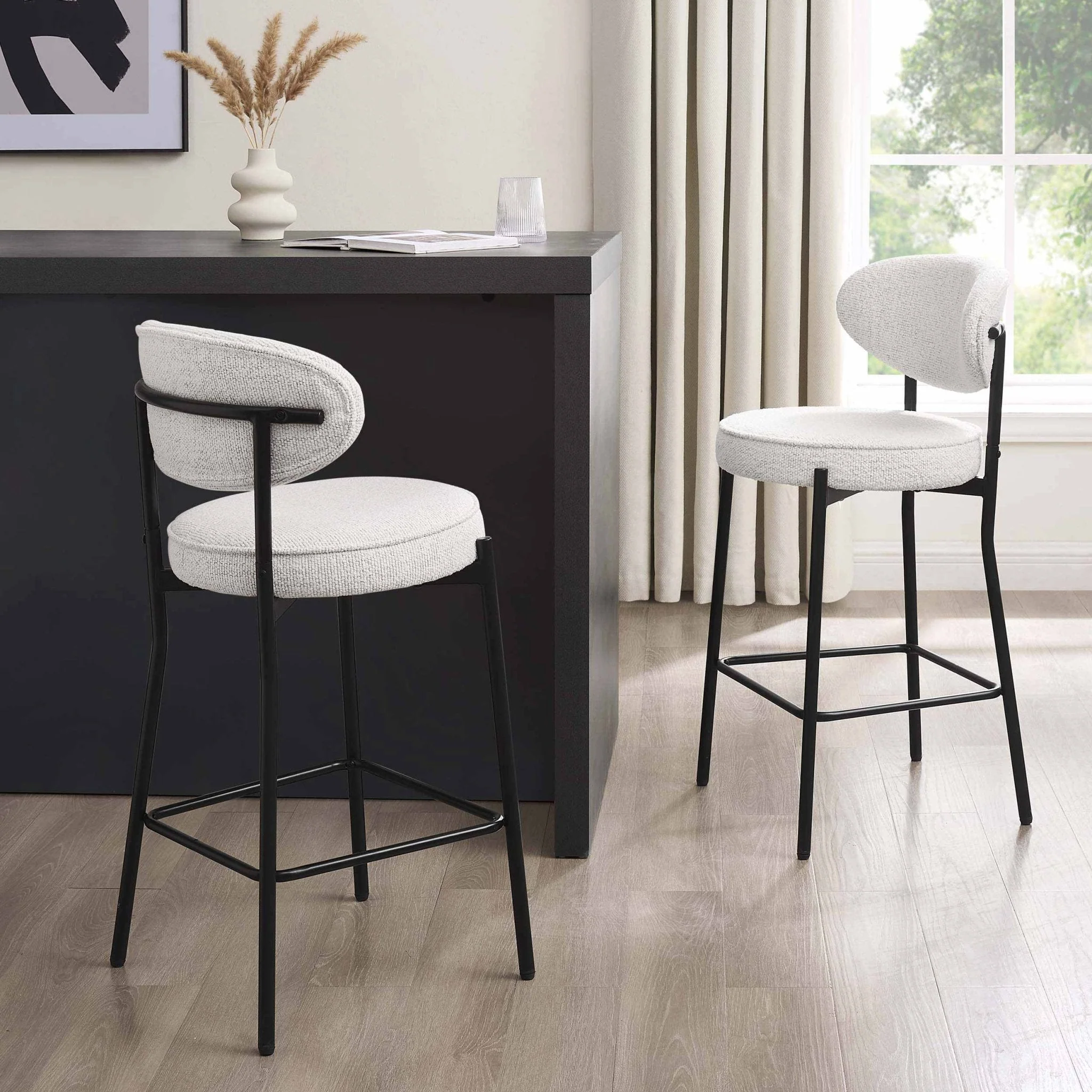 Contemporary Ivory Boucle Barstool with Rounded Back for Kitchen