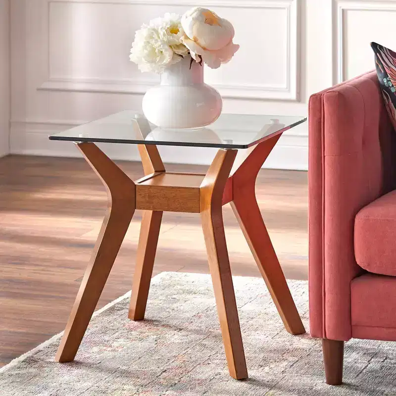 Fontana Glass Top End Table Walnut: Mid-Century Modern, Rubberwood Frame, Clear Tempered Top