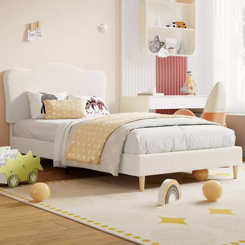 Upholstered Twin Size Bed Frame for Kids with Scallop Headboard, Cute Velvet Twin Bed for Girls, Boys, Sturdy Platform Bed, No Box Spring Needed