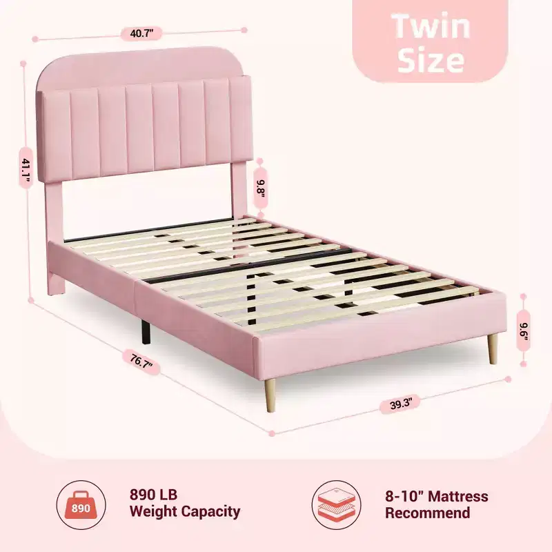 Upholstered Velvet Platform Bed Frame with Bookcase Headboard, Bed with Steel Support Legs, Noise-Free, Easy Assembly, Mattress Foundation
