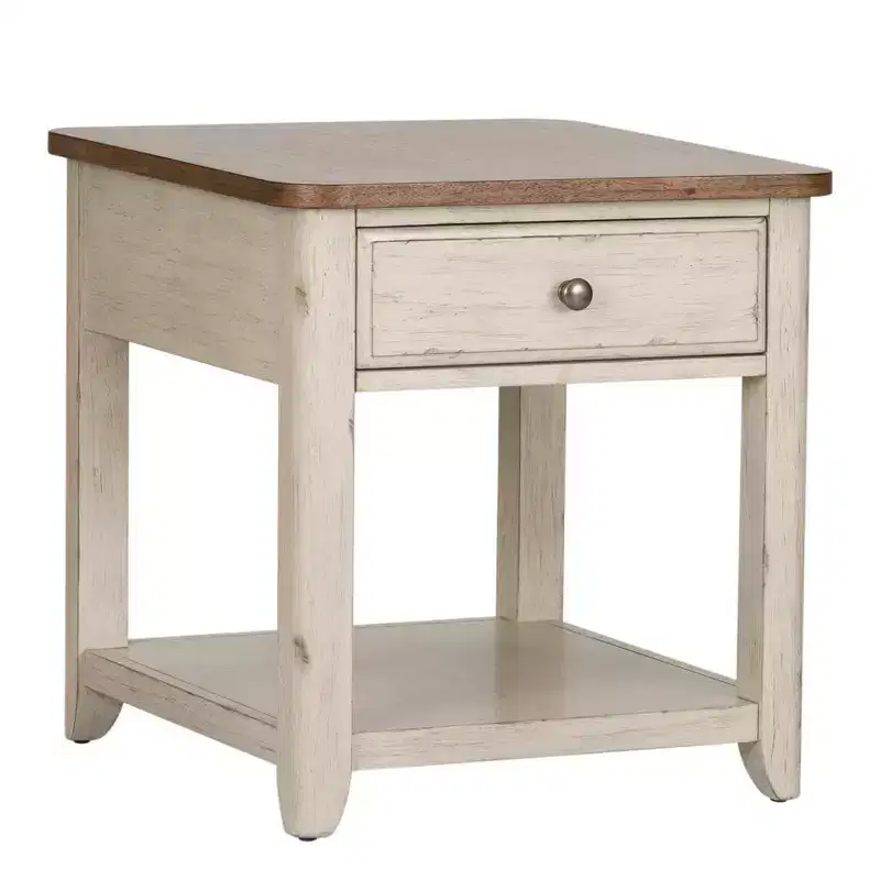 Liberty Furniture,Farmhouse Reimagined End Table with Basket in Antique White w/ Chestnut Top
