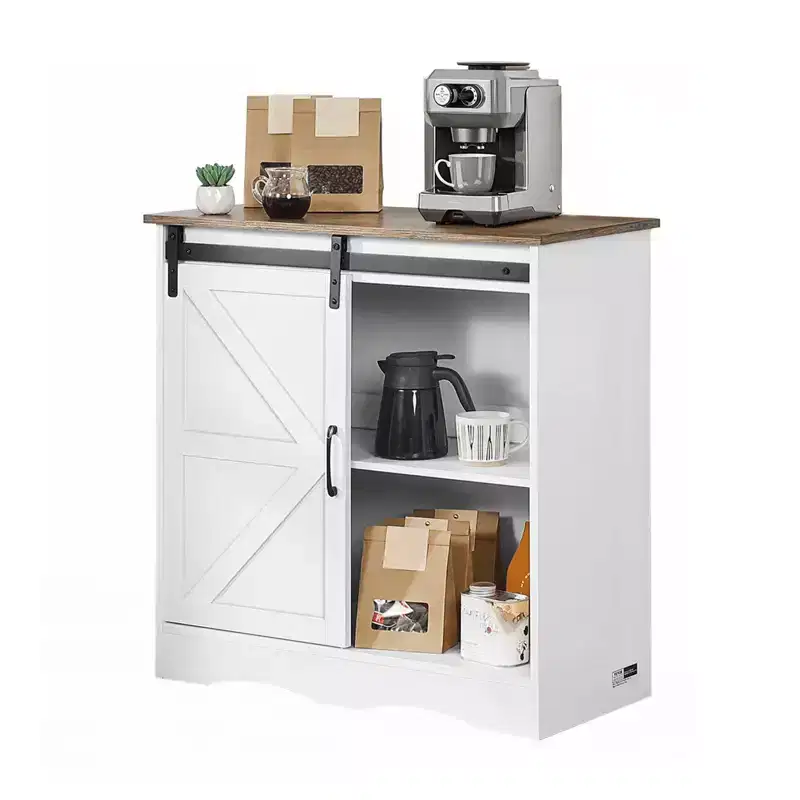 VEVOR Coffee Bar Cabinet, 31.5 x 13.8 x 31.5 in Farmhouse Coffee Bar Cabinet with 3-Tier Storage, Coffee Bar Table with Barn Door, White
