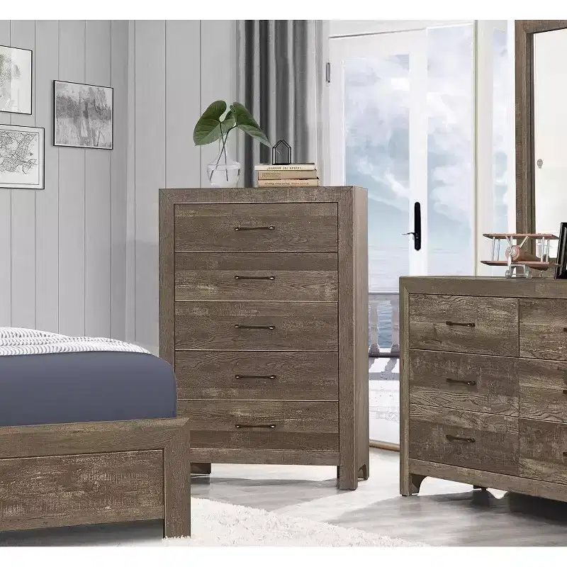 Rustic 5-Drawer Dresser Chest with Black Metal Hardware Simple Design for Bedroom, No Assembly required