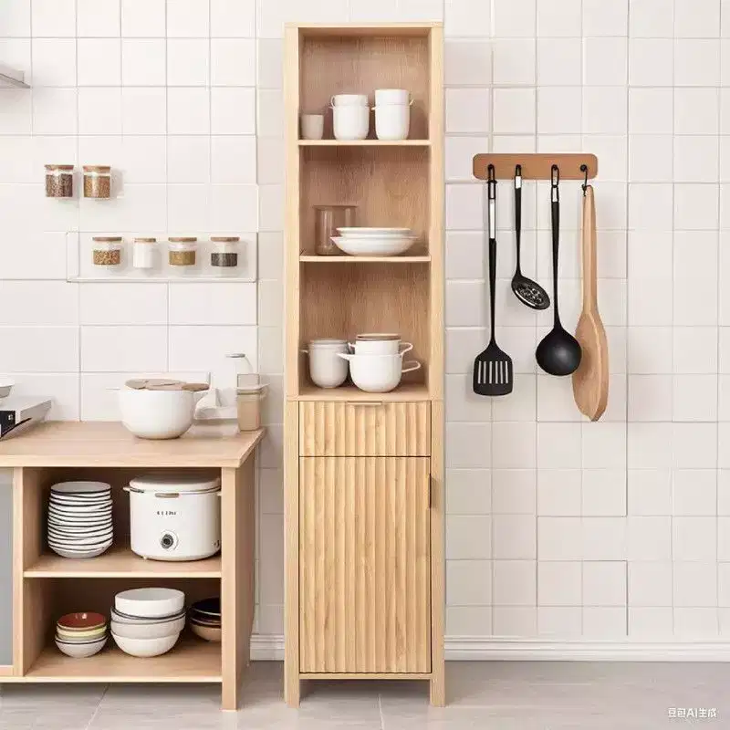 Oak Freestanding Cabinet with Drawer, Door, and Bookcase Shelves