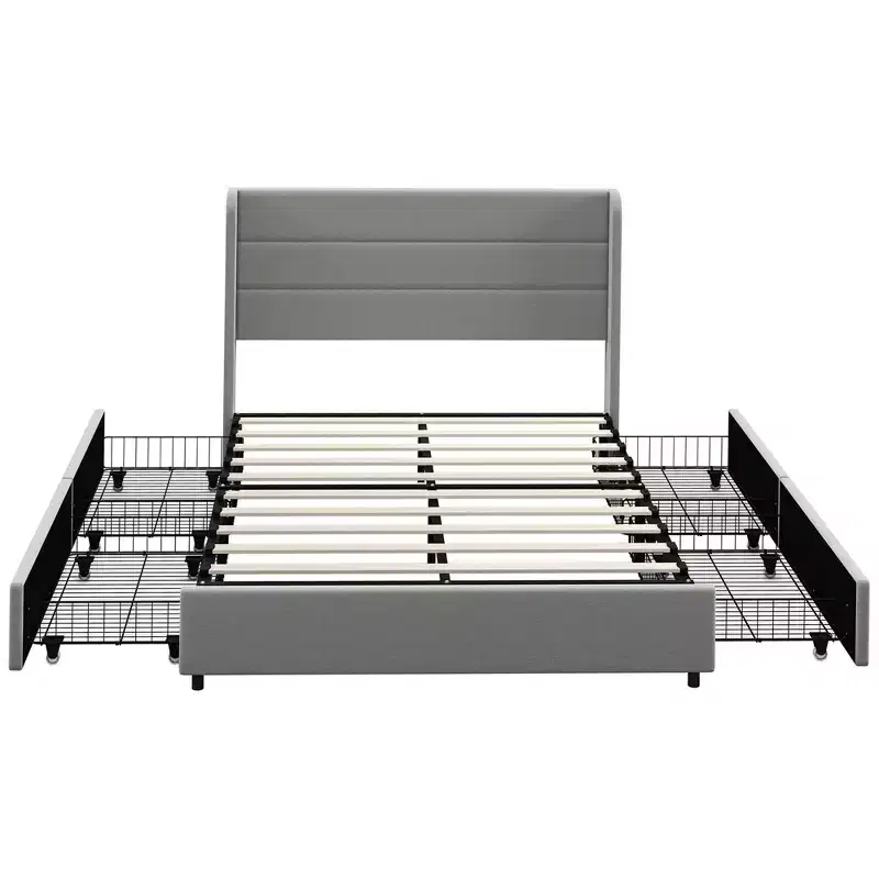 Upholstered Platform Bed Frame with Headboard, Storage Drawers, Wood Slats, Noise-Free, Light Gray