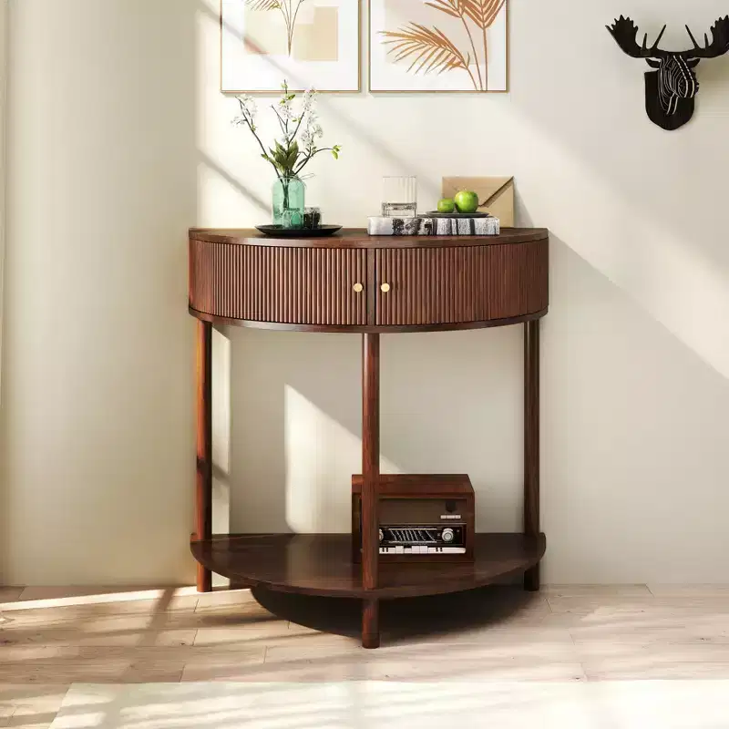 JVNOXK 31.50-inch handcrafted wavy console table with 3D textured drawers, featuring dual storage drawers and a bottom shelf. Brown