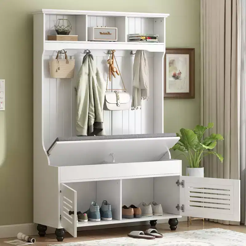 5-IN-1 Hall Tree with Shutter-Shaped Doors, Freestanding Coat Rack with Cushion and 4 Hooks, White
