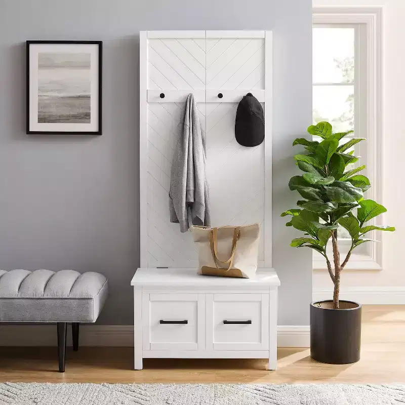 Hall Tree White Mudroom Entryway Organizer with 4 Hooks and Storage Bench Veneer Finish