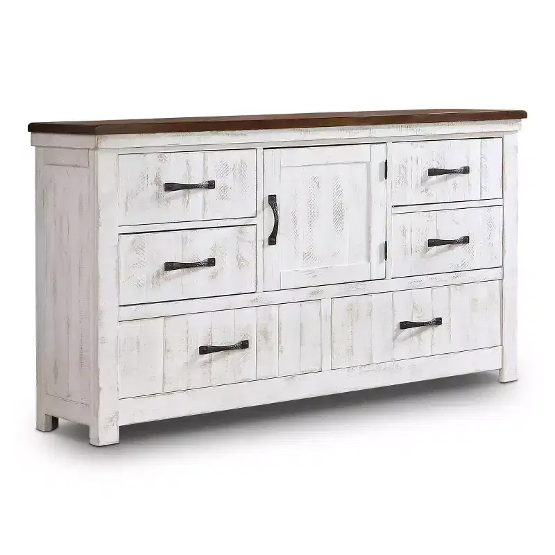 Willow Rustic 6 Drawer Dresser Distressed White/Walnut - Antique Style Storage Cabinet