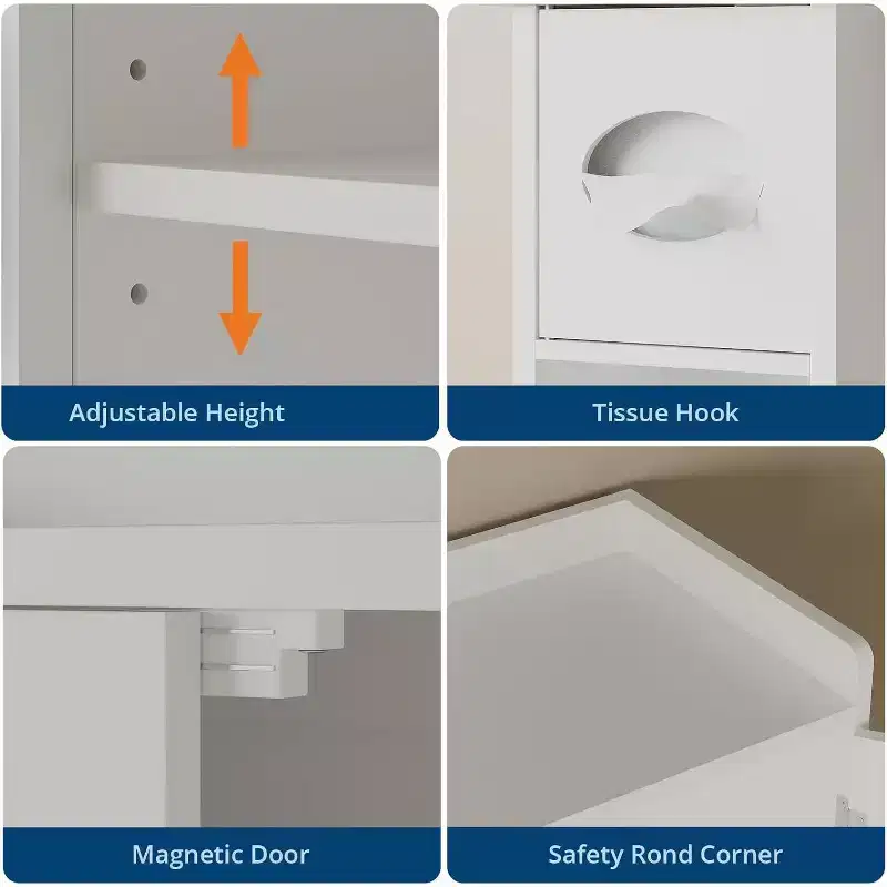 Freestanding Over-The-Toilet Storage Cabinet, White Bathroom Organizer, Adjustable Shelves, Space-Saving Design for Small Bathrooms