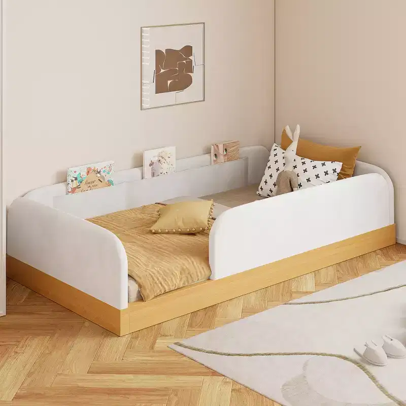 Twin Size Upholstered Platform Bed Frame with Velvet Guardrails & 3 Built-In Storage Bags, Natural - ModernLuxe