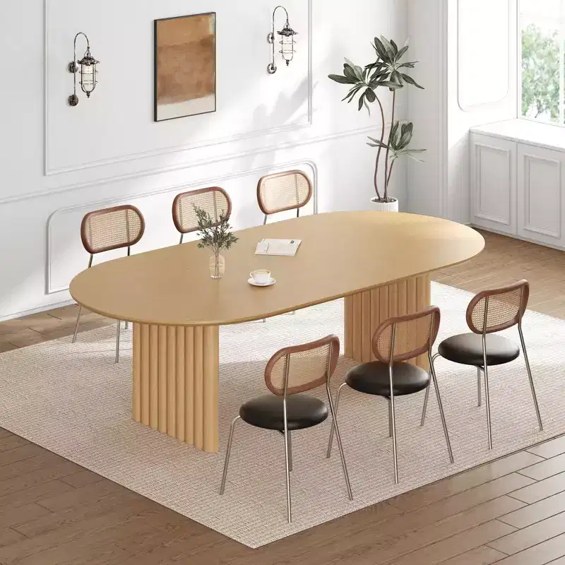 79 Oval Dining Table for 6-8, Wood Kitchen Table with Scratch-Resistant Top & Striped Legs, Modern Farmhouse Style, Natural