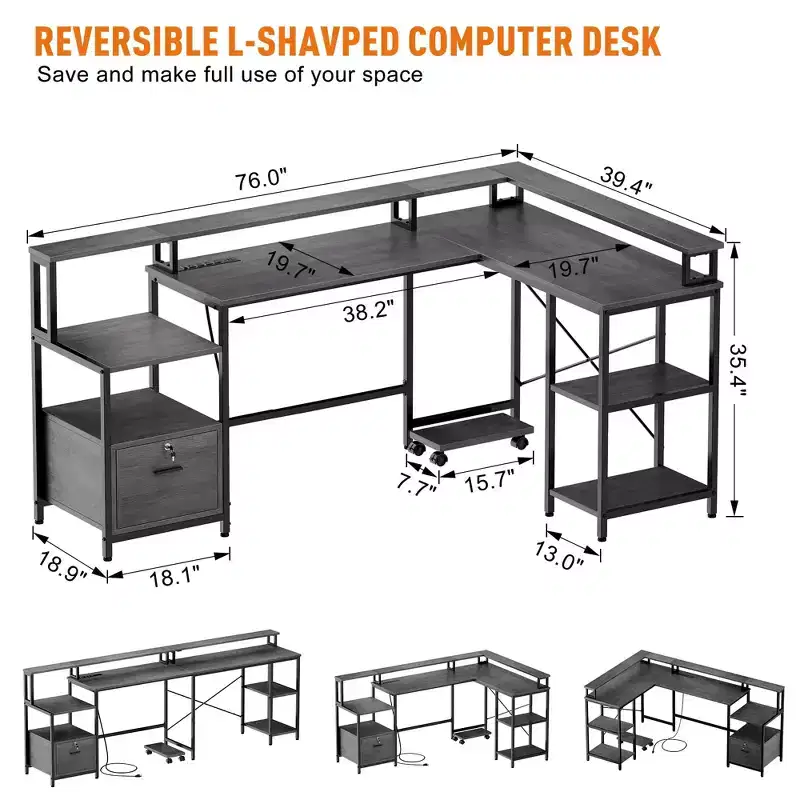 L-Shaped Desk Computer Desk - 76'' Reversible Office/Corner/Gaming Desk with File Drawer, Power Outlet, Monitor Shelf (Grey Oak)