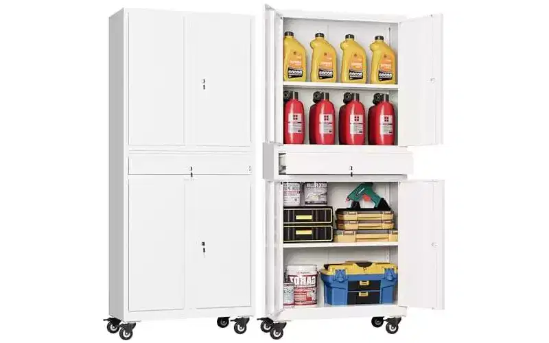 DEXYLLO Metal Garage Storage Cabinet with Locking Doors and Flexible Shelves, Rolling Tool Cabinet with Drawer for Garage,Warehouse,Home, White