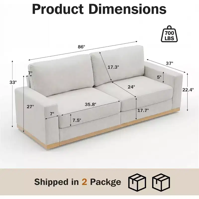 Dyonery Fixed sofa with wooden strips, cotton fabric, gray color, double person seat, 88 inches