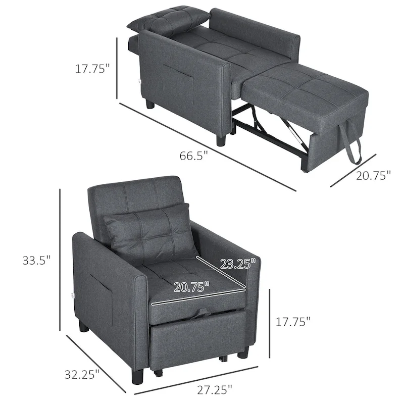HOMCOM 3-in-1 Convertible Chair Bed, Multi-Functional Single Sofa Bed, Pull Out Sleeper Chair with Adjustable Backrest, Pillow