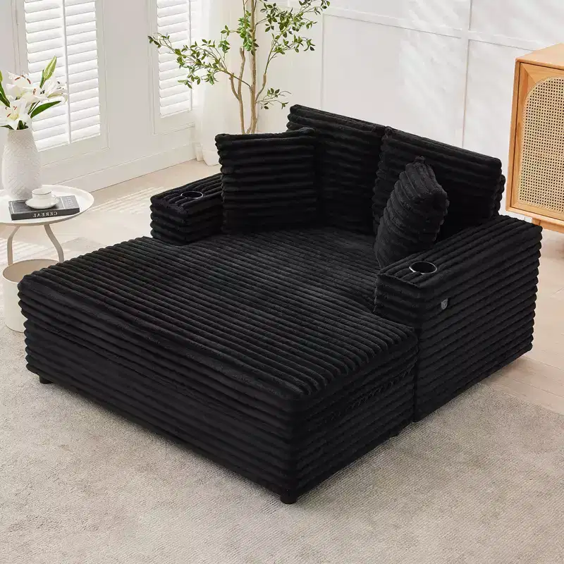 Black/Gray Corduroy Oversized Chaise Lounge Sofa Bed with Charging Station for 3