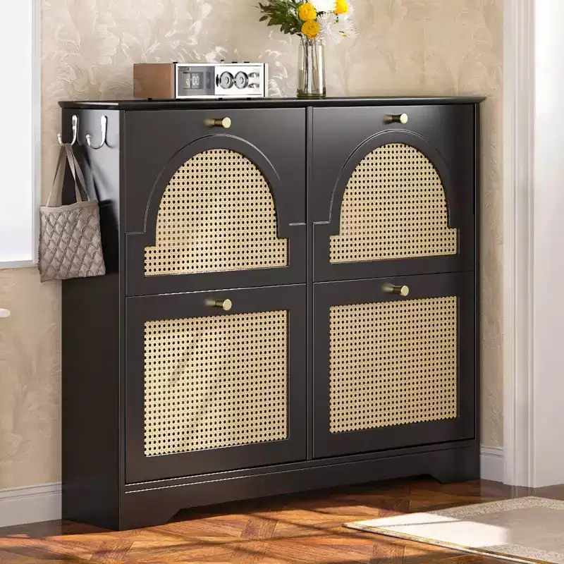 Mid-Century Entryway Shoe Cabinet with 4 Rattan Flip Drawers & Hooks