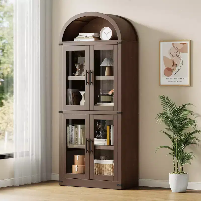 71 Modern Farmhouse Arched Pantry CabinetCBrownish Red Freestanding Storage with 4 Glass Doors & 6-Tier Shelves for Entryway, Dining,Living Room