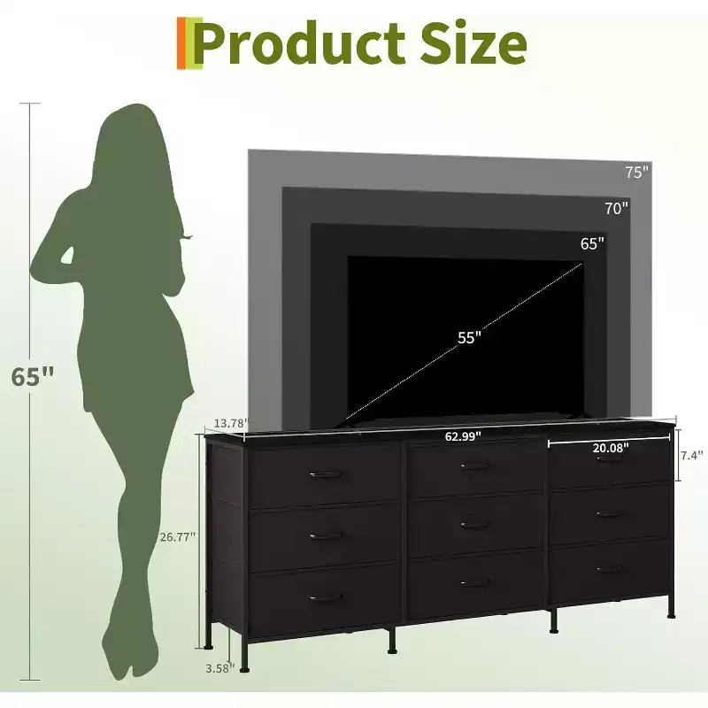DobleePy 63 Entertainment Center with 9-Drawer Dresser, TV Stand for 55-70 Inch TVs, Fabric Storage Cabinet for Living Room Bedroom, Metal Frame