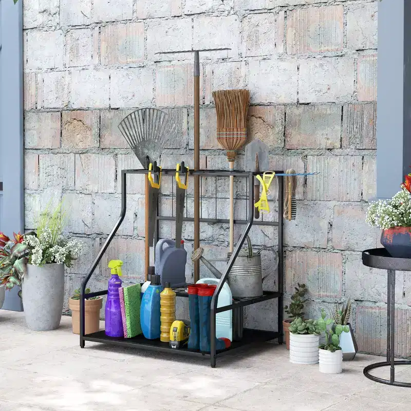 Outsunny Garden Tool Organizer for Garage, 3 Tier Yard Tool Storage Rack with Hooks