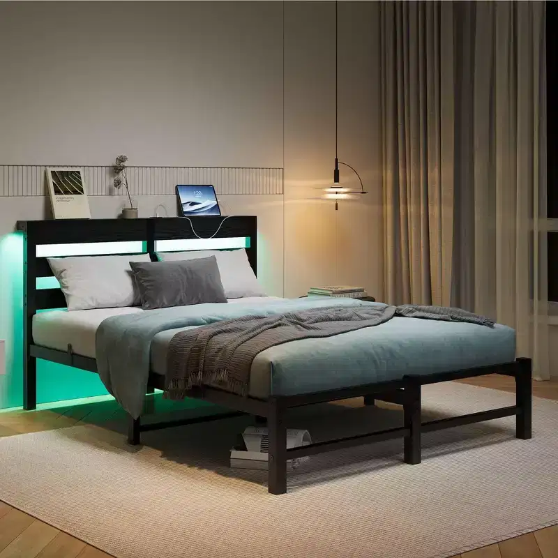 Full Size Metal Wooden Headboard Bed Frame RGB Lights Outlets Charger Storage Shelf Noise Free No Box Spring Needed
