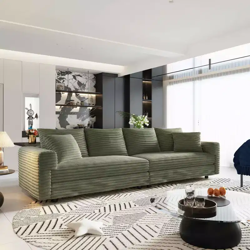 102.4 Plush Corduroy 4 Seat Sofa with Soft Pillows 3 Ottoman, Convertible Deep Seat Sofa Lunge Chair Green