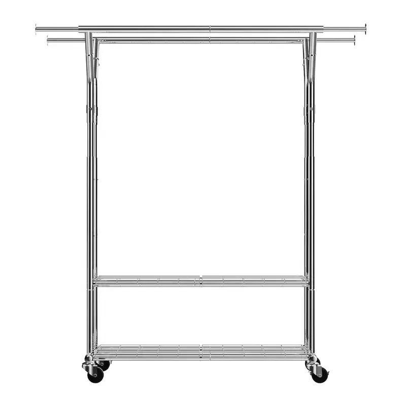Rolling Clothes Garment Rack with 2 Hanging Rods, 2 Storage Shelves & Side Hooks, 264 lbs Capacity, Silver