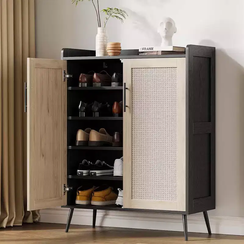 6-Tier Rattan Shoe Cabinet with 2 Doors, Adjustable Shelves, Wooden Shoe Rack for Entryway, Hallway, Living Room